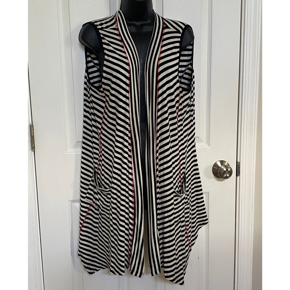 Parsley & Sage Womens Large Striped Open Front Draped Vest Black White Red Trim
